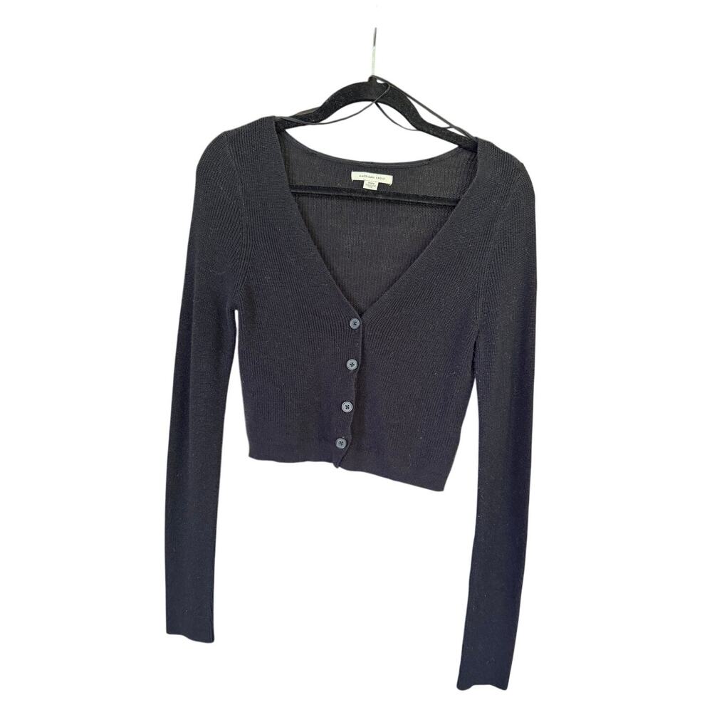 American Eagle Black Ribbed Cropped Cardigan Size M